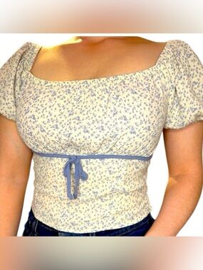 Sienna Sky Cream Crop Top with Blue Floral Print and Blue Tie